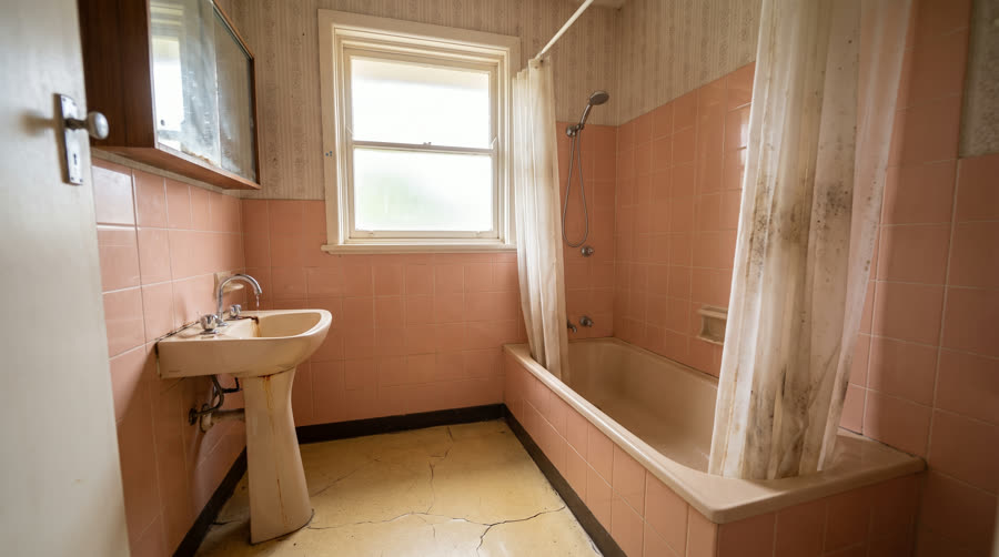 An old bathroom before a leak repair and renovation